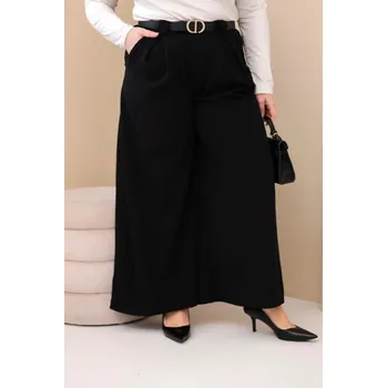 Dámské kalhoty Dámské kalhoty Plus Size viskózové s širokou nohavicí a páskem černé UNI