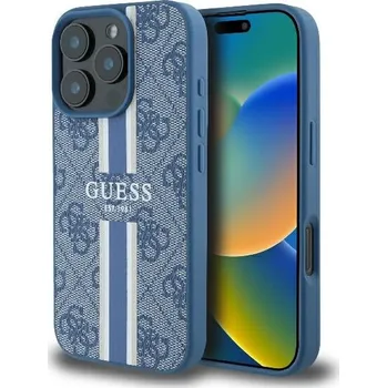 Pouzdro na mobilní telefon Guess - Pevné pouzdro 4G Printed Stripes MagSafe (GUHMP16LP4RPSB) - iPhone 16 Pro - modré