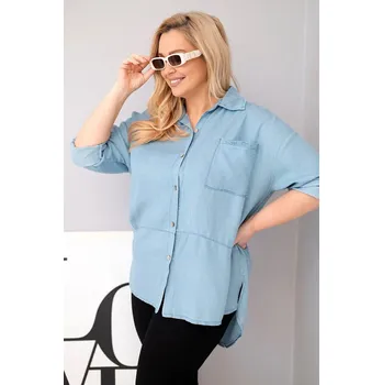 Dámská halenka Dámská košile Plus Size z lyocellu s prodlouženým zadním dílem a rukávem na knoflík světle džínová UNI