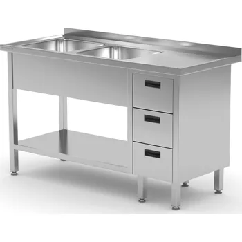 Nerezový dřez TECHNICA Stůl s dvojitým dřezem na levé straně s třízásuvkovou skříňkou a policí 1400x600x850 mm | TECHNICA, 2263L1460