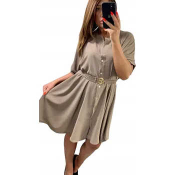 Dámské šaty V631 KOŠILOVÉ ŠATY S PÁSKEM, KRÁTKÝ RUKÁV, CAPPUCCINO vel. 56 (8XL)