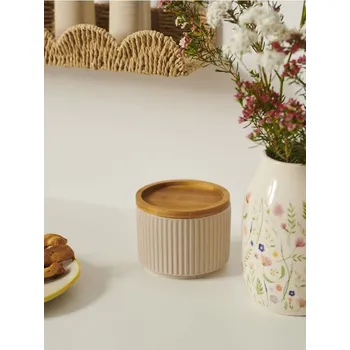 Dóza na potraviny Sinsay - Rýhovaná keramická nádoba na potraviny s bambusovým víčkem - krémová - 490CM-01X - 490CM-01X-ONE-2