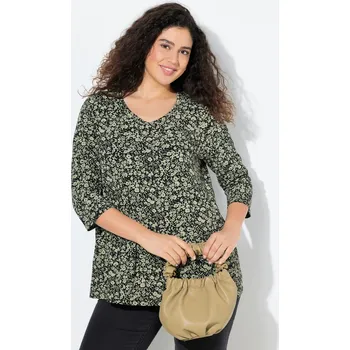 Dámské tričko Ulla Popken, Plus size Tričko, květy, ozdobné sklady, A střih, výstřih do V, 3/4 rukávy pro plnoštíhlé nadměrná velikost, 842071423-1131, zelený, 54/56, Nadměrné velikosti, Plus size oblečení, Oblečení pro boubelky, Oblečení pro baculky, Oblečení pro plno