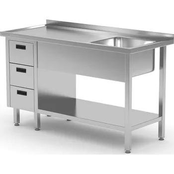 Jídelní stůl TECHNICA Stůl s pravým jednoduchým dřezem, třízásuvkovou skříňkou a policí 1700x700x850 mm | TECHNICA, 2163P1770