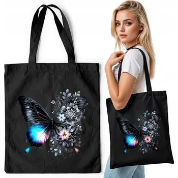 Černá bavlněná nákupní taška – MOTÝLEK KVĚTY MOTÝL BÍLÉ POZADÍ S KVĚTINAMI