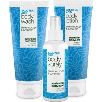 Tělové mléko Tělová sada na pupínky a nečistou pokožku – 3 produkty s kyselinou salicylovou — Tělová péče na pupínky a akné. Obsahuje kyselinu salicylovou a niacinamid, které čistí, zklidňují a vyrovnávají pokožku