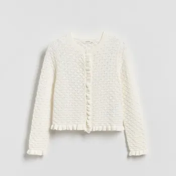 Dětská móda Reserved - Bavlněný kardigan s&nbsp;ažurou - krémová - 822IE-01X - 822IE-01X-152