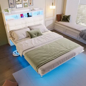 Postel Dvojlůžková dřevěná postel, noční stolky, USB-C nabíjení, bílá 140x190 cm