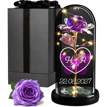 umělá květina Stabilizovaná růže ve skle Svítící Fialová Lampička - Ideální dárek k Valentýnu pro dívku