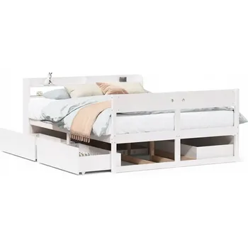 Postel Rám postele se zásuvkami a policemi, bílá, 208 x 130 x 82 cm