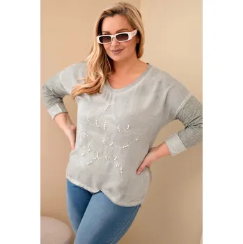 Dámská halenka Dámská blůza Plus Size s nápisem a perlami khaki UNI