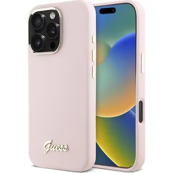 Pouzdro na mobilní telefon Guess - Silikonový rámeček s kovovým logem (GUHCP16LSMBSLP) - iPhone 16 Pro - růžový