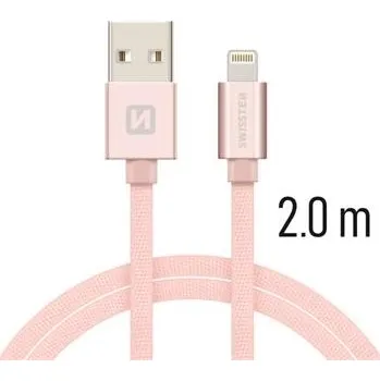 Datový kabel Swissten 71523305 USB 2.0 typ A na Lightning, USB 2.0, zástrčka A - zástrčka Lightning, opletený, 2m, růžovo-zlatý