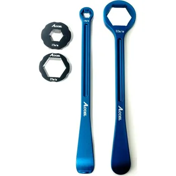 Osvětlení pro motocykl ACCEL sada montážních pák na pneumatiky (23+24cm) ALU7075 kované s klíči 10,13,17,27,32 mm barva světle modrá (montážní páka na pneu) (ACCEL sada montážních pák na pneumatiky (23+24cm) ALU7075 kované s klíči 10,13,17,27,32 mm barva světle modrá (montážní)