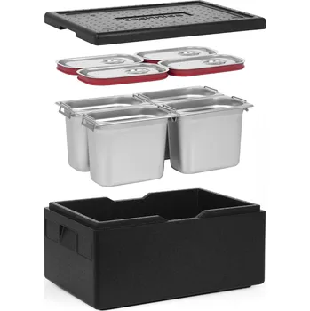 TECHNICA [Sada] Izolovaná nádoba GN 1/1 200 mm + 4x nádoba GN 1/4, 200 mm, s držadly, z nerezové oceli + víka se silikonovým těsněním