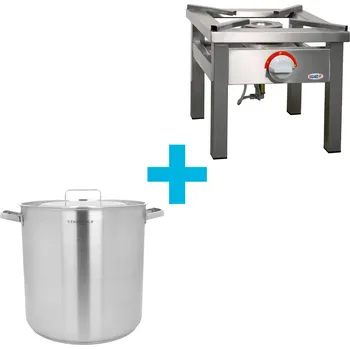 Sporák TECHNICA [Set] Vysoký hrnec o objemu 50,3 l a průměru 400 mm s víkem z nerezové oceli + Plynový sporák 400x400x350 mm, 6,5 kW