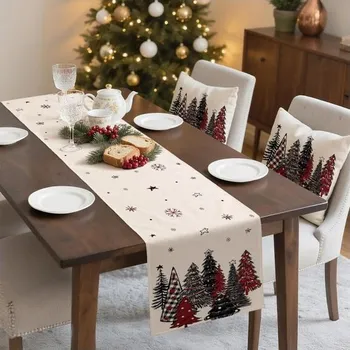 Vánoce ZWJD Vánoční běhoun 40x180 cm, černý a červený, Moderní vánoční běhoun s vánočními stromky a