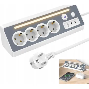 Napájecí kabel PRODLUŽOVACÍ KABEL POWER STRIP ROZDVOJKA 4 ZÁSUVKY 220V 1XUSB 2XTYPE-C S LED