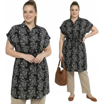 Dámská tunika Černá tunika s béžovými listy, nadměrná velikost 48