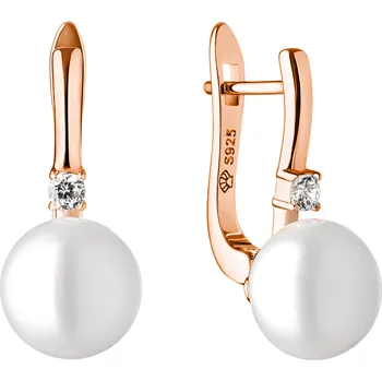 Náušnice ANNA PERLY Luxusní stříbrné visací náušnice s pravou bílou sladkovodní perlou a růžovým pozlacením
