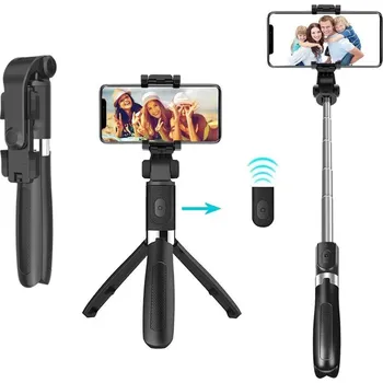 Techsuit - Selfie tyč (L01) - stativový stabilní držák s výsuvným ramenem, dálkové ovládání Bluetooth, 70 cm - černá barva