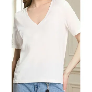 Dámské tričko Sinsay - Bavlněné tričko s výstřihem do V - krémová - 523EU-01X - 523EU-01X-XL