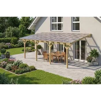 Zahradní stavba Dřevěná pergola ke zdi domu 650x350