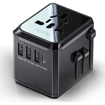 Yesido - Nástěnná nabíječka (MC10) - 3x USB, Type-C, pro cestování, EU, UK, US, AUS, 3,6A - černá