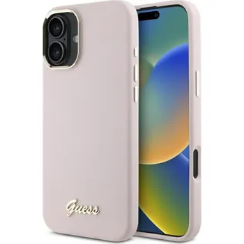 Pouzdro na mobilní telefon Guess - Silikonové kovové logo a rámeček (GUHCP16SSMBSLP) - iPhone 16 - růžová