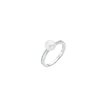 Prsten ANNA PERLY Stylový stříbrný prsten s pravou bílou sladkovodní perlou a zirkony Velikost prstenu: 55, Barva perly: bílá