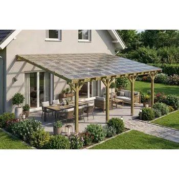 Zahradní stavba Dřevěná pergola ke zdi domu 650x500