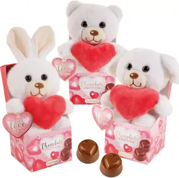 Čokoláda Plyšový zvířátko & SRDÍČKO + čokoládové pralinky GÜNTHART 54 g - MEDVÍDEK, ZAJÍČEK, PEJSEK (Mléčné čokoládové pralinky s plyšovým zajícem a srdcem)