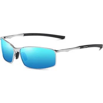 Sluneční brýle Techsuit - Sluneční brýle polarizační (559) - pánské, s UV ochranou a kovovým rámem, obdélníkové - stříbrné / modré zrcadlo