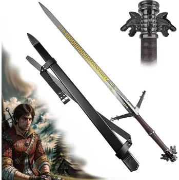 Replika zbraně WITCHER "Zaklínač" stříbrný meč "A SCARRED WOLF" se zádovým popruhem