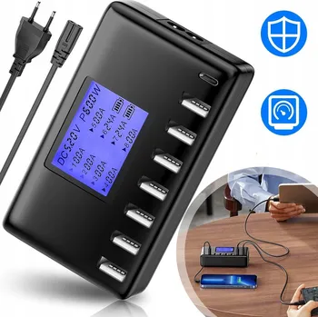 USB hub Černá síťová nabíječka 60 W s 8 porty USB/USB typu C