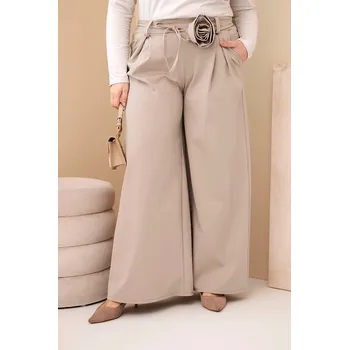 Dámské kalhoty Dámské kalhoty Plus Size s širokou nohavicí a ozdobným květem v pase béžové UNI