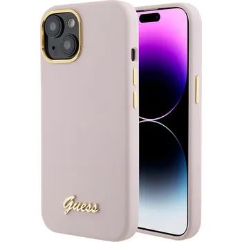 Pouzdro na mobilní telefon Guess - Silikonové kovové logo a rámeček (GUHCP15SSMBSLP) - iPhone 15 - světle růžová