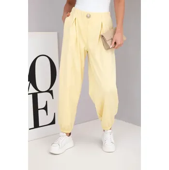 Dámské oblečení Dámské bavlněné kalhoty s vysokým pasem a ozdobným knoflíkem žluté UNI