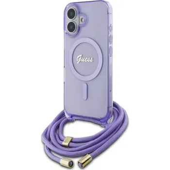 Pouzdro na mobilní telefon Guess - IML Crossbody Cord Script MagSafe (GUHMP16SHCTSGNSU) - iPhone 16 - Fialová