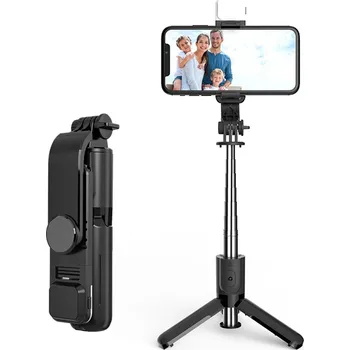 Selfie tyč Techsuit - Mini selfie tyč (L11s) - stabilní stativ s dálkovým ovládáním Bluetooth a LED světlem, 75 cm - černá