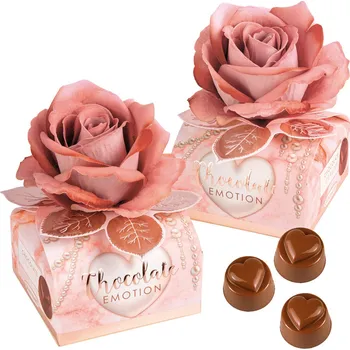 Cukrovinka Pralinky Günthart Chocolate EMOTION 72 g pralinky, krabička s RŮŽOVOU RŮŽÍ (pralinky v dárkové krabičce s květinou)