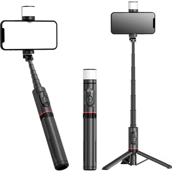 Techsuit - Selfie tyč (Q12S) - stabilní držák na stativ s dálkovým ovládáním Bluetooth a LED světlem, 75 cm - černá