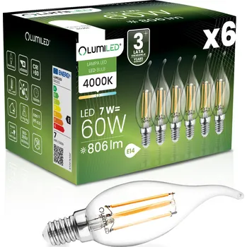 Žárovka 6x LED žárovka plamínek BA35 E14 7W = 60W 4000K neutrální 360° Filament LUMILED
