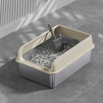 Toaleta pro kočky z nerezové oceli Antirozsypová, velká, 50x35x25 cm, s lopatkou