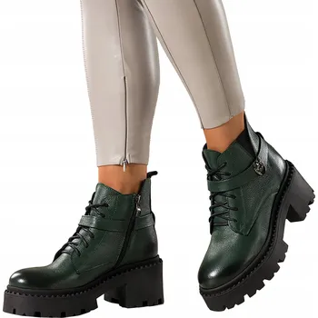 Dámská zimní obuv KOTNÍKOVÉ BOTY Zelené KOŽENÉ Dámské Workery Pohodlné Platforma Šněrovací vel. 38