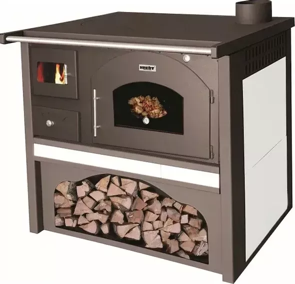 Sporák na tuhé palivo - HECHT VULCANUS BEIGE (Ocelová kamna s troubou a topným výkonem 6 kW. Kouřovod: Ø 130 mm. Doporučené palivo: dřevo, dřevěné brikety. Keramické obložení. Vyrobeno v Evropě.)