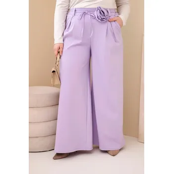 Dámské kalhoty Dámské kalhoty Plus Size s širokou nohavicí a ozdobným květem v pase fialové UNI