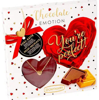 Cukrovinka Bonboniéra Chocolate EMOTION You're perfect! 47.5 g & ŘETÍZEK SE SRDÍČKEM (čokoládové pralinky s ŘETÍZKEM a srdíčkovým přívěskem)