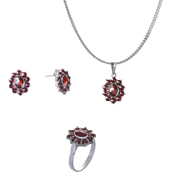 Souprava šperků Stříbrný set šperků 348 s českým granátem, rhodiovaný - ovál Velikost: 61, Zapínání: puzeta, Délka řetízku: 50 cm