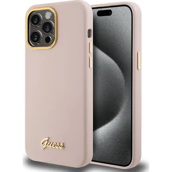 Pouzdro na mobilní telefon Guess - Silikonový rámeček s kovovým logem (GUHCP15LSMBSLP) - iPhone 15 Pro - světle růžový